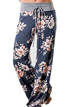 Elsofer Women's Pajama Lounge Pants Floral Print Comfy Casual Stretch Palazzo Drawstring Pj Bottoms Pants Wide Leg (Tag M (US 6), Blue)