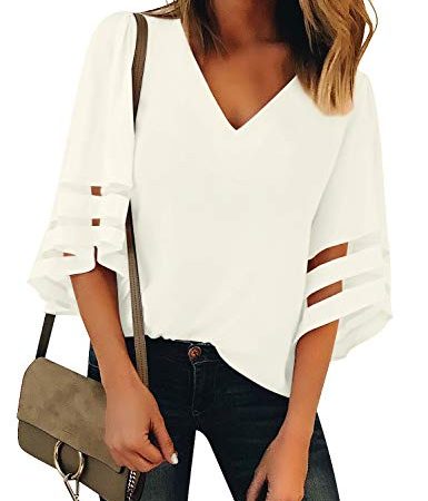 LookbookStore Women's Beige V Neck Casual Mesh Panel Blouse 3/4 Bell Sleeve Solid Color Loose Top Shirt Size M(US 8-10)