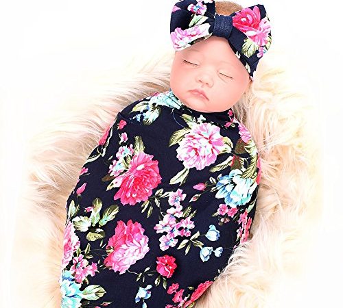 Newborn Receiving Blanket Headband Set Flower Print Baby Swaddle Receiving Blankets ga