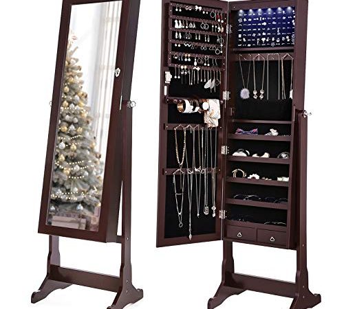 SONGMICS 6 LEDs Mirror Jewelry Cabinet Lockable Standing Mirrored Jewelry Armoire Organizer 2 Drawers Brown UJJC94K