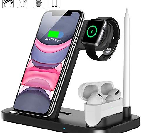 Wireless Charger, QI-EU 4 in 1 Qi-Certified 10W Fast Charger Station Compatible Apple Watch Airpods iPhone 11/11pro/11pro Max/X/XS/XR/Xs Max/8/8 Plus, Wireless Charger Stand Compatible Samsung