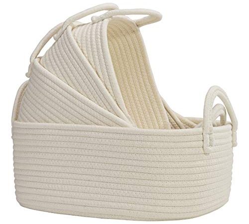 4 Set Wicker Storage Bin Baskets, Multipurpose Cotton Rope Basket Organizers with Study Handles for Baby Nursery, Laundry,...