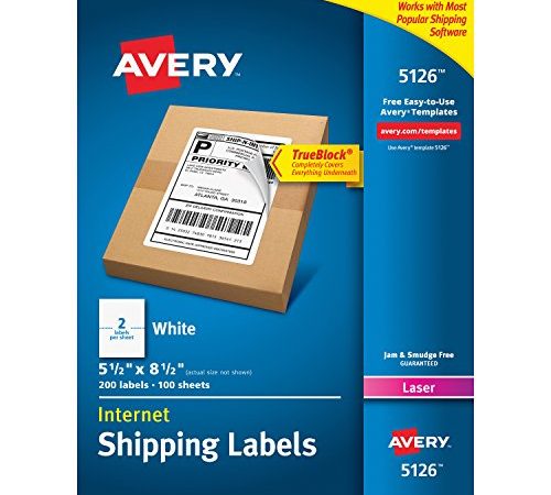 Avery 5126 Shipping Address Labels, Laser Printers, 200 Labels, Half Sheet Labels, Permanent Adhesive, TrueBlock, White