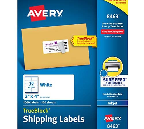 Avery Shipping Address Labels, Inkjet Printers, 1,000 Labels, 2x4 Labels, Permanent Adhesive, TrueBlock (8463), White