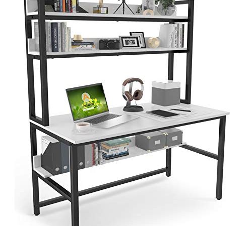Computer Desk with Hutch and Bookshelf, 47 Inches White Home Office Desk with Space Saving Design, Metal Legs Table Desk with...