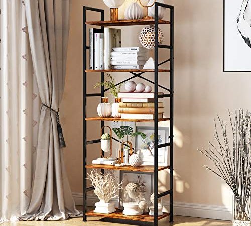 CosyStar 5-Tier Tall Bookcase, Rustic Wood and Metal Standing Bookshelf, Industrial Vintage Book Shelf Unit, Open Back Modern...