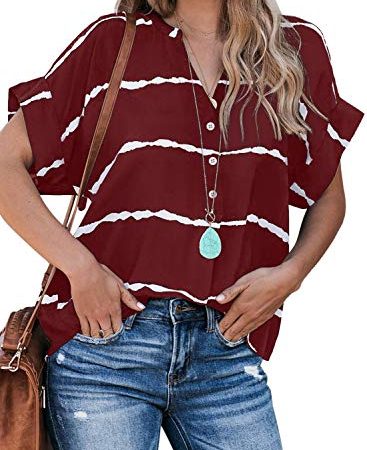 HOTAPEI Blouses for Women Casual V Neck Striped Short Sleeve Button Down Collar Tunic Red Blouses Fashion 2020 Tshirts...