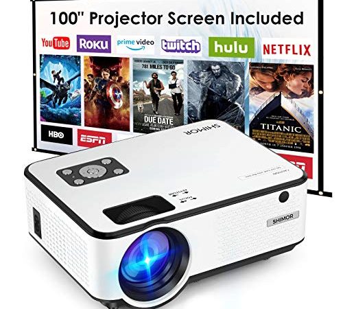 Mini Projector, SHIMOR C9 Portable Movie Projector with 100Inch Projector Screen, 1080P Supported Compatible with TV Stick,...