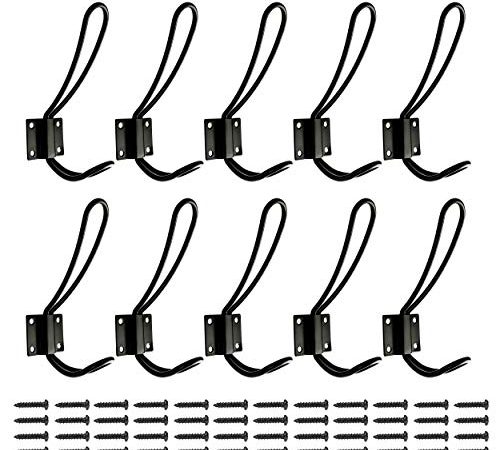 Rustic Entryway Hooks | 10 Pack of Black Wall Mounted Vintage Double Coat Hangers with Large Metal Screws Included