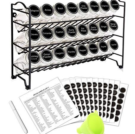 SWOMMOLY Spice Rack Organizer with 24 Empty Square Spice Jars, 396 Spice Labels with Chalk Marker and Funnel Complete Set,...