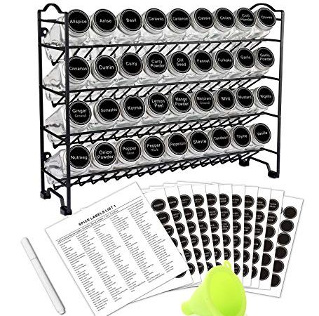 SWOMMOLY Spice Rack Organizer with 36 Empty Square Spice Jars, 396 Spice Labels with Chalk Marker and Funnel Complete Set,...