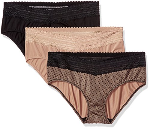 Warner's Women's Blissful Benefits No Muffin Top 3 Pack Hipster Panties, Black/Toasted Almond/lace dot Print, 2XL