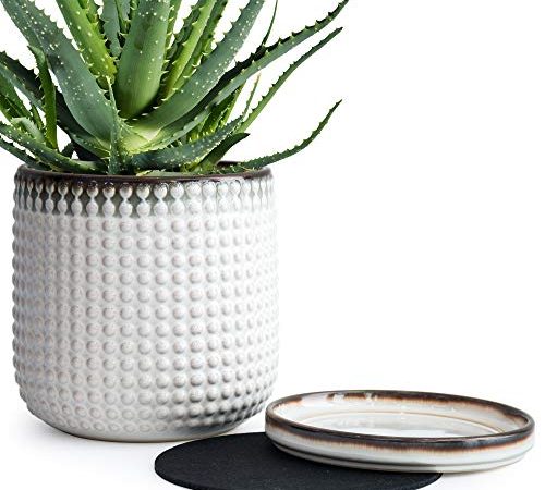 6 Inch Beaded Stoneware Planter Pot with Drainage Hole and Saucer, Smoked White