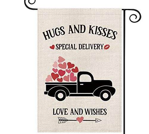AVOIN Hugs and Kisses Special Delivery Garden Flag Vertical Double Sized Truck Love Heart, Holiday Valentine's Day...
