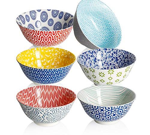 Amazingware Porcelain Bowls - 18 Ounce for Cereal, Soup, Salad and Pasta, Set of 6, Assorted Designs