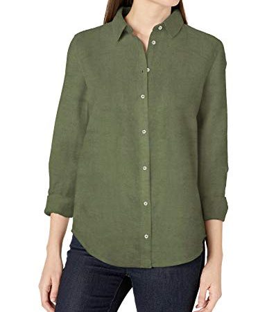 Amazon Essentials Women's Classic-Fit Long-Sleeve Linen Shirt, Olive, Medium