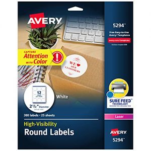 Avery 5294 High Visibility 2.5" Round Labels with Sure Feed for Laser Printers, 300 White Labels