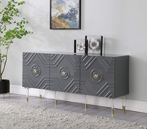 Best Master Furniture Truman High Gloss Lacquer Sideboard/Buffet with Gold Accents, Grey