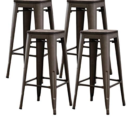 Bonzy Home Bar Stools Set of 4, 24 inches Indoor Outdoor Metal Bar Stools with Wood Seat, High Backless Stackable Home Patio...