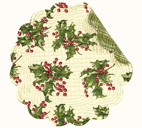 C&F Set of 4 Pcs, 17 Inches Round Quilted Placemats, Holly, Cream, Christmas