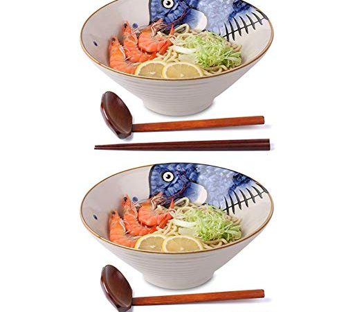 Ceramic Japanese Ramen Noodle Soup Bowl, 2 Sets (6 Piece) 60 Ounce, with Matching Spoon and Chopsticks for Udon Soba Pho...