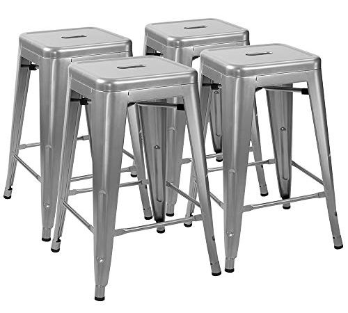 Furmax 24 Inches Metal Bar Stools High Backless Indoor-Outdoor Counter Height Stackable Stools Set of 4(Silver)