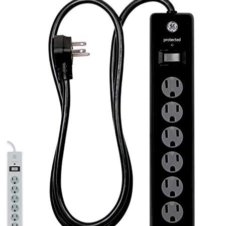 GE 6-Outlet Surge Protector, 4 Ft Extension Cord, Power Strip, 800 Joules, Twist-To-Close Safety Covers, UL Listed, Black,...