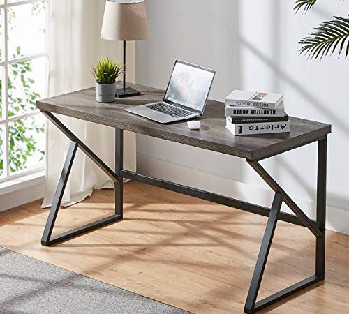HSH Industrial Home Office Desk, Metal and Wood Computer Desk, Rustic Vintage Soho Study Writing Table, Grey 55 inch