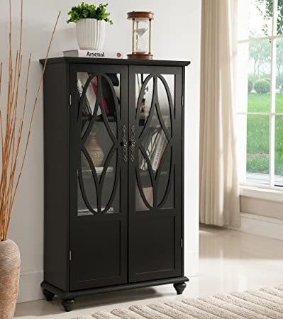 Kings Brand Furniture- Halswelle 2-Door Black Curio Bookcase Cabinet with Glass Doors