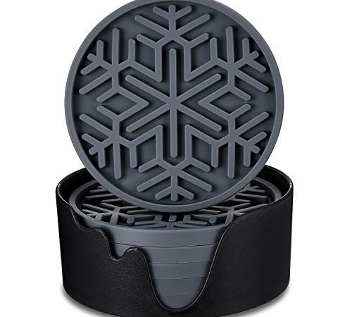 ME.FAN Silicone Coasters [6 Pack] Snow Drink Coasters with Holder - Cup Mat - Non-Slip, Non-Stick, Stay Put, Deep Tray -...