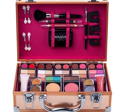 Maúve Carry All Trunk Train Case with Makeup and Reusable Black & White Aluminum Case (GOLD)