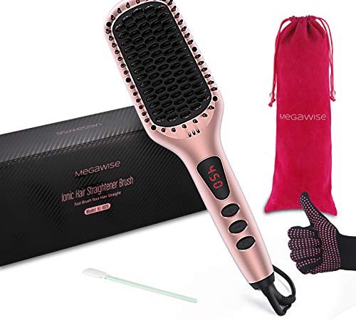 MegaWise Enhanced Ionic Hair Straightener Brush with Universal Dual Voltage, Anti-Scald Straightening Comb with Fast Metal...