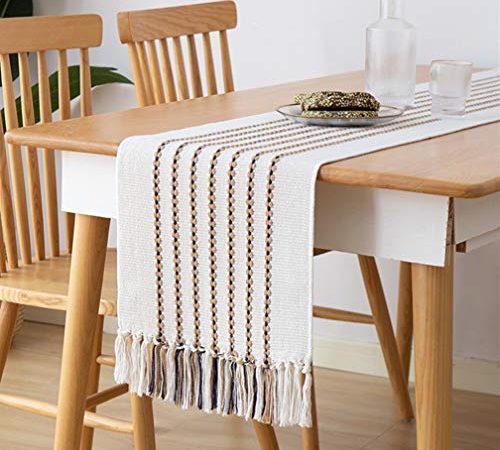 Monibana Handmade Macrame Cotton Striped Table Runner Woven Tassels Modern Farmhouse Dresser Scarf for Coffee Dining Table...