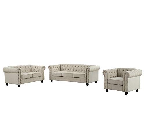 Morden Fort Couches for Living Room, Sofas for Living Room Furniture Sets, Chair, Couch and Sofa 3 Pieces, Fabric, Beige