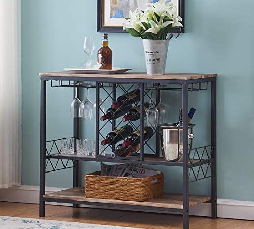 O&K Furniture Industrial Wine Rack Table with Glass Holder, Wine Bar Cabinet with Storage, Brown