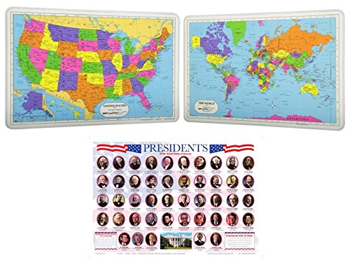 Painless Learning Laminated Educational Placemats for Kids: US Presidents, USA Map, World Map