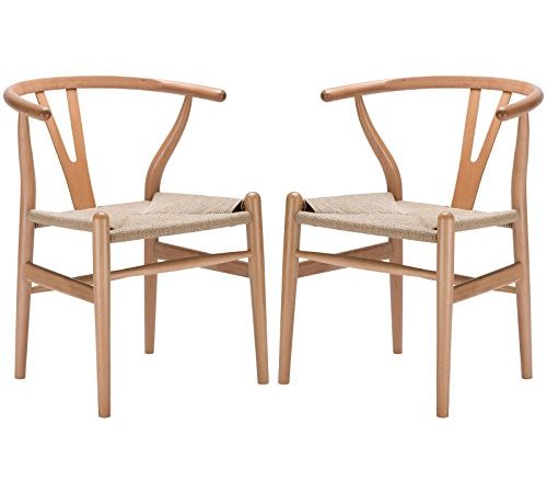 Poly and Bark Weave Modern Wooden Mid-Century Dining Chair, Hemp Seat, Natural (Set of 2)