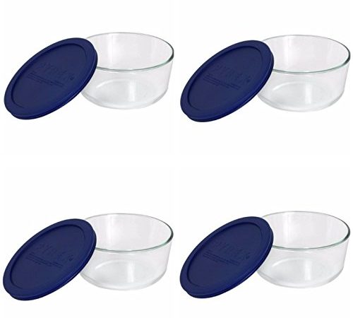 Pyrex Storage Plus 7-cup Round Glass Food Storage Dish Blue Plastic Covers (Pack of 4 Containers)