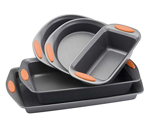 Rachael Ray 55673 Nonstick Bakeware Set with Grips includes Nonstick Bread Pan, Baking Pans and Cake Pans - 5 Piece, Gray...