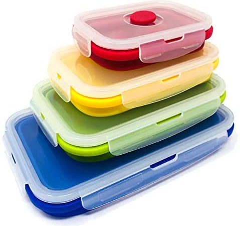 Set of 4 Collapsible Silicone Food Storage Container, Leftover Meal box For Kitchen, Bento Lunch Boxes, BPA Free, Microwave,...
