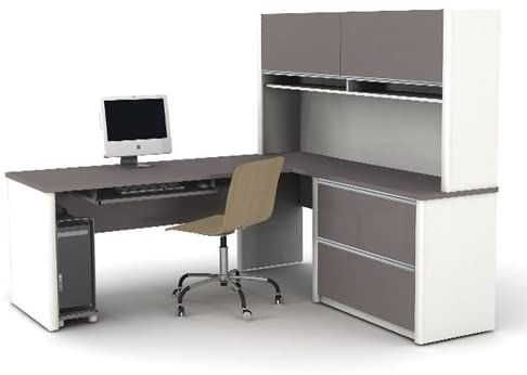 Slate & Sandstone L-Shaped Corner Computer Desk with Hutch & Oversized Pedestal