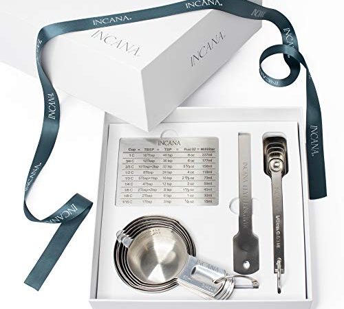 Stainless Steel Measuring Cups and Spoons Set with Pouring Spout on Both Sides, Level and Conversion Chart - Elegant Gift Set...