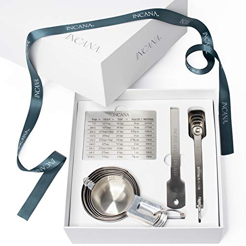 Stainless Steel Measuring Cups and Spoons Set with Pouring Spout on Both Sides, Level and Conversion Chart - Elegant Gift Set...
