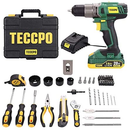 TECCPO 20V Drill Tool Kit, 63PCS Home Tool Kit With Drill, Cordless Drill Set with 2000mAh Fast Charger and Battery, LED...