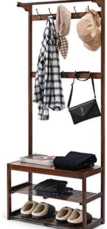 TOETOL Bamboo Coat Rack Stand Hall Tree with Shoe Storage Bench, Entryway Shelf with Hanging Bar, 3 In 1 Design, 10 Hooks,...
