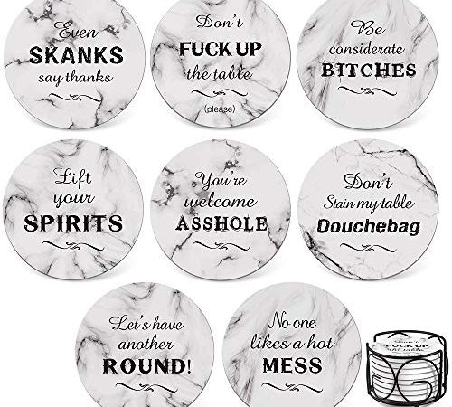 Teivio 8 Piece Coaster for Drinks Absorbing Stone Coasters Set Cork Base, Metal Holder, Marble Funny Style, Birthday...