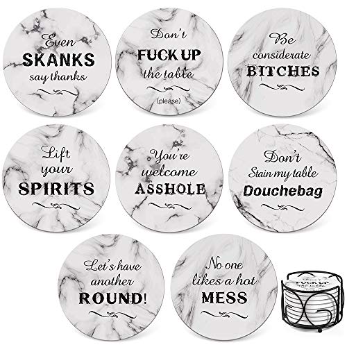 Teivio 8 Piece Coaster for Drinks Absorbing Stone Coasters Set Cork Base, Metal Holder, Marble Funny Style, Birthday...