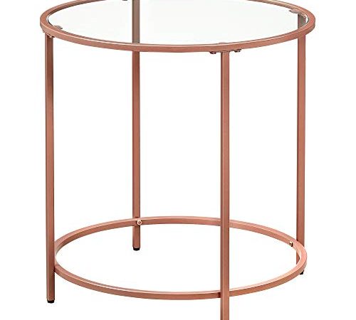 VASAGLE Round Side Table, Glass End Table with Metal Frame, Small Coffee Accent Table, Bedside Table, Modern Style, for...