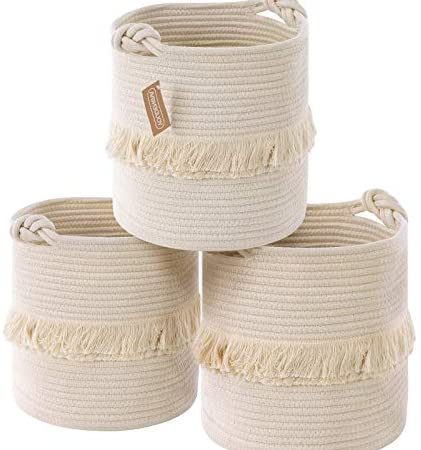 YOUDENOVA Woven Rope Boho Storage Basket,11x11x11 Decorative Tassel Fringe Baskets with Cute Knot Handles for Baby Girl, 3...