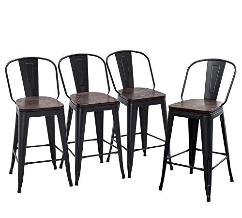 Yongqiang Metal Barstools Set of 4 High Back Bar Stools Dining Bar Chairs Counter High Bar Stools with Back Wooden Seat 24"...